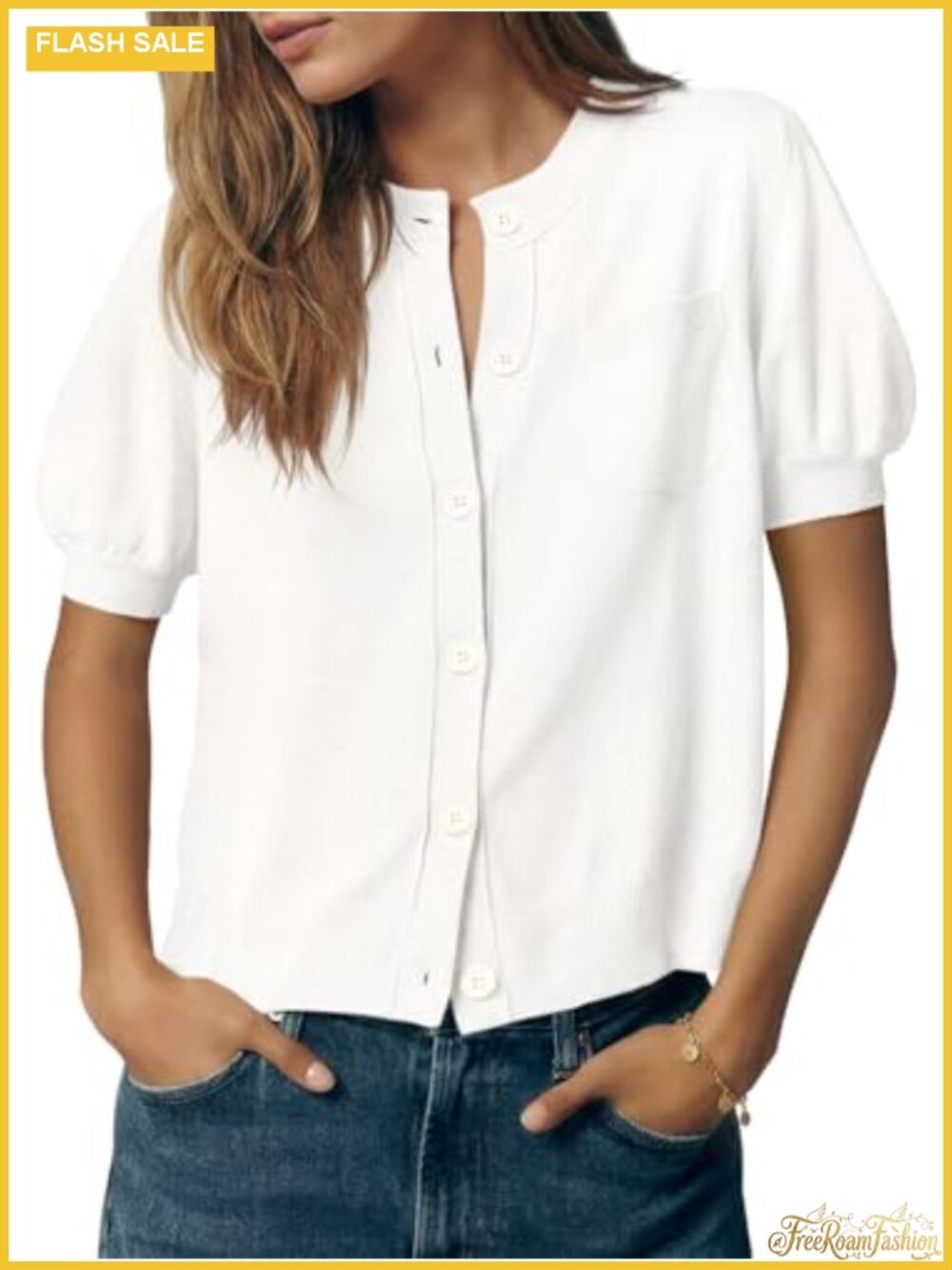 Womens Puff Short Sleeve Cardigan Button Down Lightweight Summer Knit Sweater